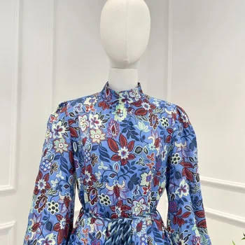 синий Винтажное мини-платье с цветочным принтом 2023 Новая осень Высшее качество Льняная повседневная женская одежда с длинным рукавом фонаря 3