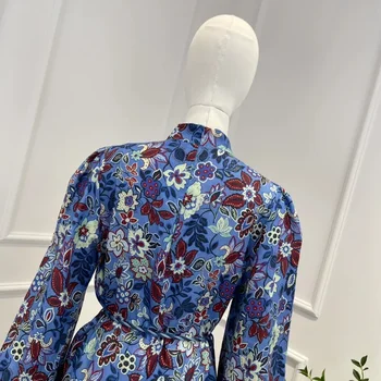 синий Винтажное мини-платье с цветочным принтом 2023 Новая осень Высшее качество Льняная повседневная женская одежда с длинным рукавом фонаря 4