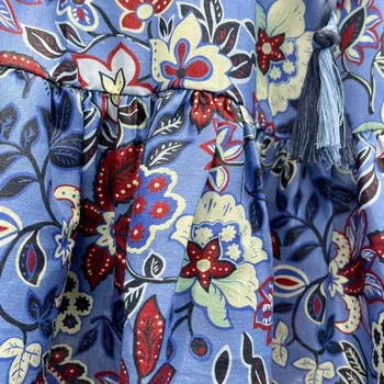 синий Винтажное мини-платье с цветочным принтом 2023 Новая осень Высшее качество Льняная повседневная женская одежда с длинным рукавом фонаря 5
