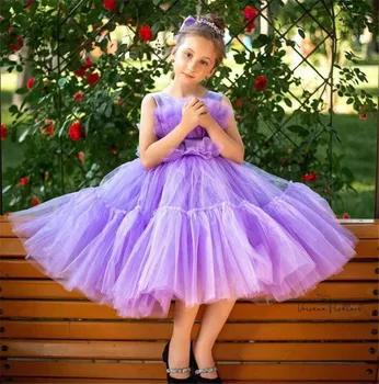 Сиреневый тюль Пышное платье Платье для цветочной девочки Принцесса Индивидуальные детские платья на день рождения Платье для первого причастия