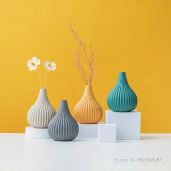 скандинавская цветочная композиция украшение керамическая маленькая ваза простой вертикальный узор домашний декор гостиной спальня матовая ваза