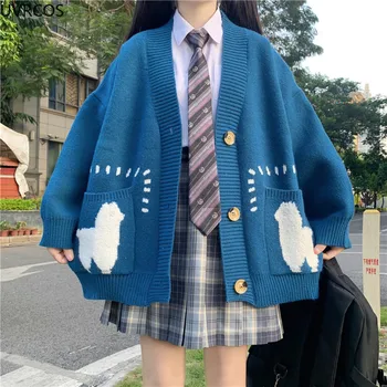  сладкий негабаритный вязаный свитер с рисунком животных женский осень-зима японский преппи стиль кардиган с V-образным вырезом Kawaii свободное теплое пальто