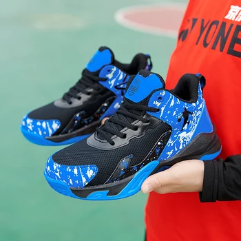 Совершенно новая детская баскетбольная обувь Кроссовки для мальчиков с высоким верхом Дизайн Синяя детская спортивная обувь Нескользящая корзина Тренерская обувь Kid