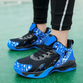 Совершенно новая детская баскетбольная обувь Кроссовки для мальчиков с высоким верхом Дизайн Синяя детская спортивная обувь Нескользящая корзина Тренерская обувь Kid 1
