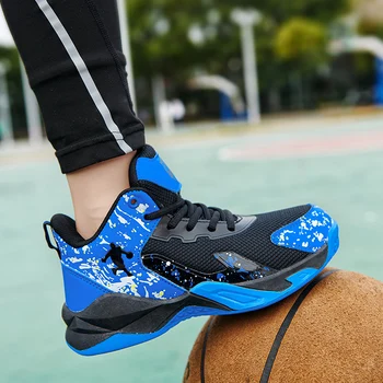 Совершенно новая детская баскетбольная обувь Кроссовки для мальчиков с высоким верхом Дизайн Синяя детская спортивная обувь Нескользящая корзина Тренерская обувь Kid 2