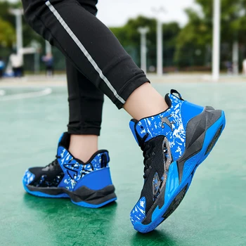Совершенно новая детская баскетбольная обувь Кроссовки для мальчиков с высоким верхом Дизайн Синяя детская спортивная обувь Нескользящая корзина Тренерская обувь Kid 3