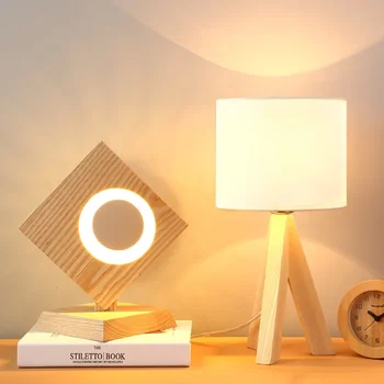 Современная деревянная светодиодная настольная лампа для защиты глаз Японский креативный настольный светильник для спальни из массива дерева с квадратным треугольником 0