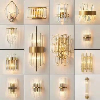 Современные золотые хрустальные настенные светильники прикроватные для спальни гостиной Украшение дома Светодиодное бра Ванная комната Внутренние настенные светильники 0