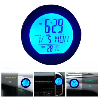 Солнечный автомобильный ЖК-дисплей с цифровыми часами Термометр Время / Дата / Измеритель напряжения / Дисплей температуры Светодиодная подсветка Автомобильные часы Цифровой ЖК-дисплей