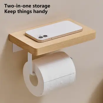  Стеллаж для хранения в ванной комнате Практичная бытовая полка для телефона для туалета с подставкой для рулона бумаги Деревянная стойка для салфеток 3