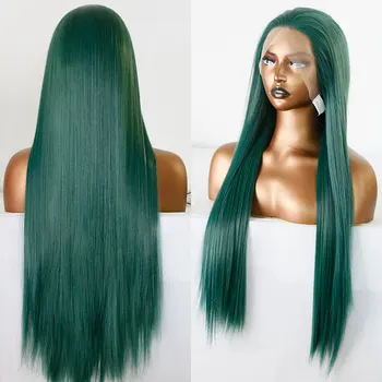  Темно-зеленый синтетический волос Кружевной передний парик Длинный прямой термостойкий волокно Натуральный волосяной пробор без пробора для белых женских париков