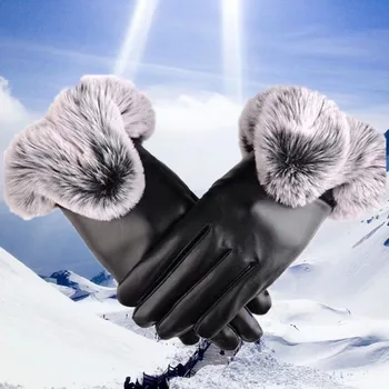 Теплая зима Плюшевые женские кожаные перчатки Сенсорный экран Ветрозащитный велоспорт Модные варежки Большие V-образные грелки для рук Черный PU Кожа