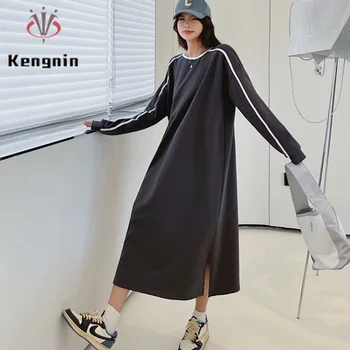 толстые женские платья с капюшоном на осень 2023 г. Женские пуловеры в стиле пэчворк Свободные женские халаты больших размеров 4XL KE3588