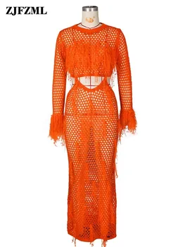  Трикотажное полое макси-платье Женщины Потрясающие кисточки Бахрома Пэчворк С длинным рукавом Пляжные платья Лето Прозрачный Vestidos Y2k 5