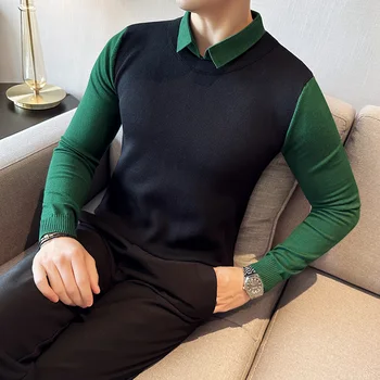 Трикотажный свитер Корейская роскошная одежда Зима Контрастный цвет Свитера с отложным воротником для мужчин Slim Fit Casual Pull Homme