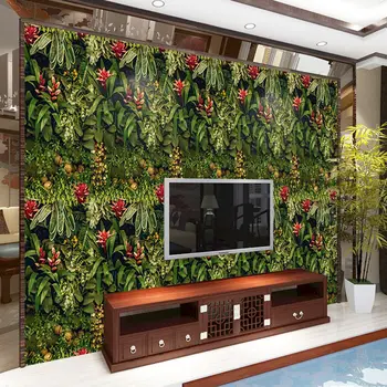 Тропические растения Юго-Восточная Азия Обои Самоклеящиеся лес Телевизор Диван Фон Зеленые листья Красные цветочные обои Декор спальни 3