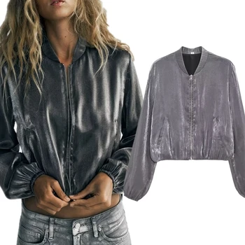 Увядшая осень Британская Хай Стрит Ретро Металлический Серебристый Молния Бомбер Куртка Для Женщин
