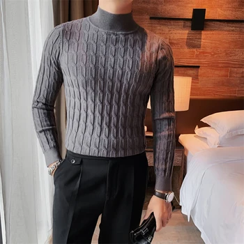 Уличная одежда Solid Half Collar Twist Вязаные пуловеры Мужская мода 2023 Длинные рукава Тонкие формальные рубашки Мужской свитер с длинным рукавом