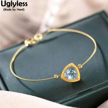  уродливые натуральный синий топаз браслеты женщины позолоченные треугольные браслеты ультратонкие браслеты летняя мода браслеты 925 пробы серебро