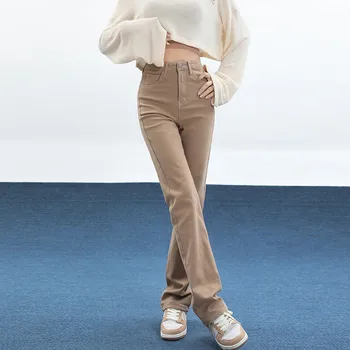 Утолщенные теплые бархатные прямые эластичные джинсы для женщин 2023 осень-зима свободного кроя флисовые широкие брюки с высокой талией 5
