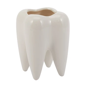  Форма зуба Белый керамический цветочный горшок Современный дизайн Модель зубьев кашпо Мини-настольный горшок Креативный подарок (без растений) 0