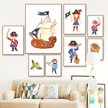 Холст картина семейное украшение картина пират сокровища корабль скандинавский мультяшный стиль фреска цветная живопись плакат детская комната 0