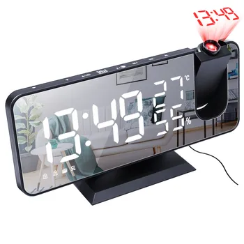  Цифровая проекция Светодиодный будильник FM-радио и зеркало Bluetooth-карта Будильник для спальни Часы с большим числом Легкий вес 1
