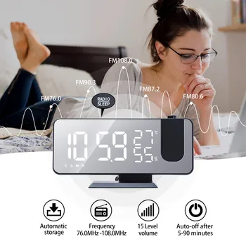  Цифровая проекция Светодиодный будильник FM-радио и зеркало Bluetooth-карта Будильник для спальни Часы с большим числом Легкий вес 3