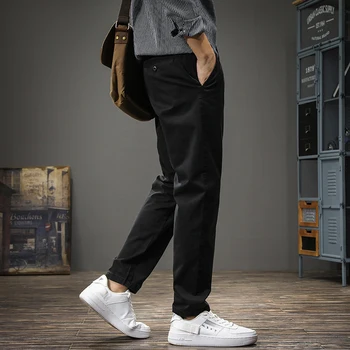  Черные повседневные брюки Мужчины Осень Корейский стиль На открытом воздухе Социальный хлопок Slim Fit Прямые брюки 4