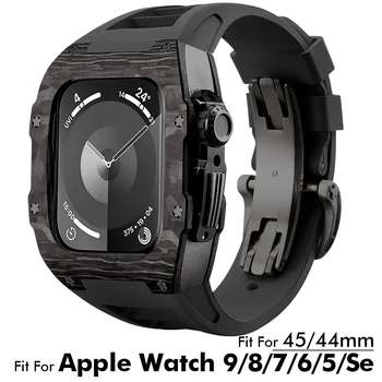 Чехол из углеродного волокна для Apple Watch 44 мм 45 мм Комплект модификации для iWatch SE 9/8/7/6/5/4 Mod Kit Ремешок Черные аксессуары Сталь