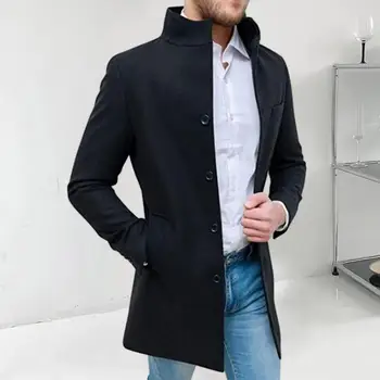 Шерстяное пальто с длинным рукавом, воротник-стойка, шерстяное пальто, ветровка средней длины, верхняя одежда для мужчин с воротником-стойкой, однобортная
