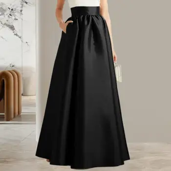 Элегантная винтажная юбка Элегантная винтажная атласная макси-юбка с карманами на высокой талии для женщин А-силуэт длина пола сплошная для осени