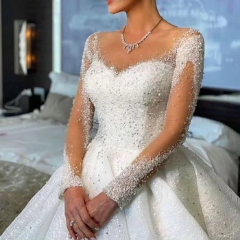 Элегантное бальное платье невесты с о-образным вырезом и длинным рукавом Свадебное платье 2024 Великолепное бисероплетение Часовня Поезд Винтаж Свадебное платье