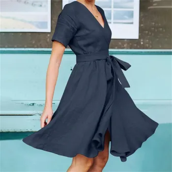 Элегантное летнее платье с V-образным вырезом и коротким рукавом Женщины Solid Wrap Up Midi Sundress Casual Платье на шнуровке Work Vestidos 5XL Размер халат