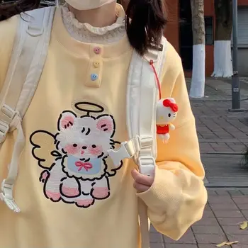 Японский кавайный мультфильм с вышивкой пуловер женщины милая девушка милые графические толстовки с капюшоном Harajuku Свободные толстовки повседневный топ