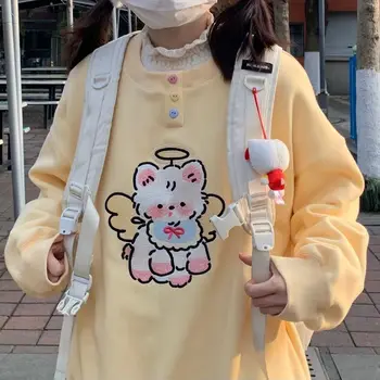 Японский кавайный мультфильм с вышивкой пуловер женщины милая девушка милые графические толстовки с капюшоном Harajuku Свободные толстовки повседневный топ 3